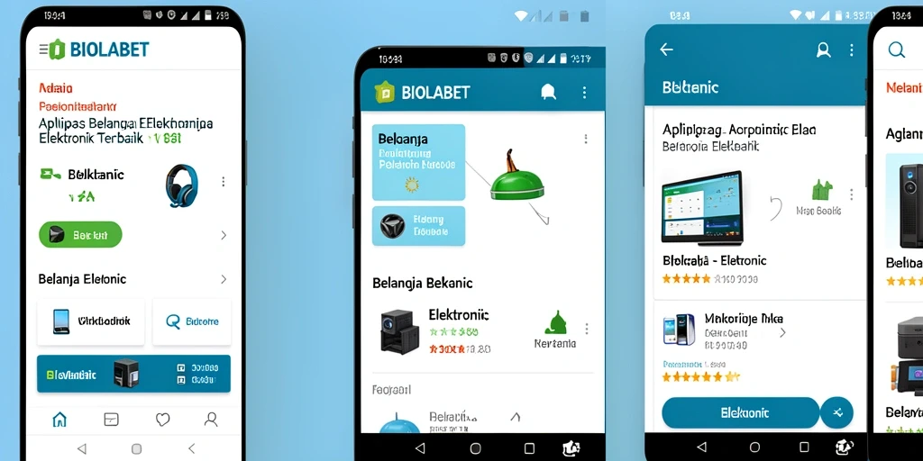 Screenshot aplikasi BIOLABET menampilkan antarmuka belanja elektronik yang modern.