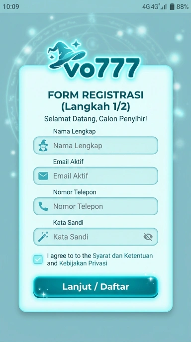 Tampilan halaman daftar vo777